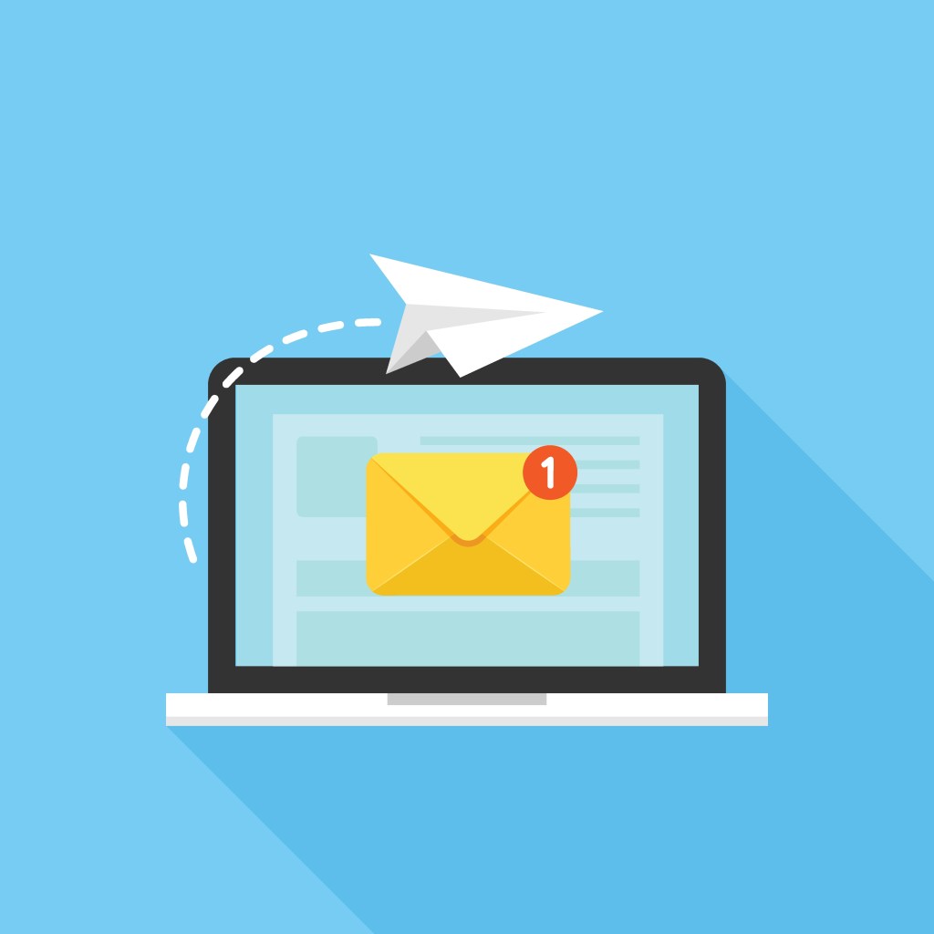 Paper airplane flying over laptop with email notification symbol on screen.