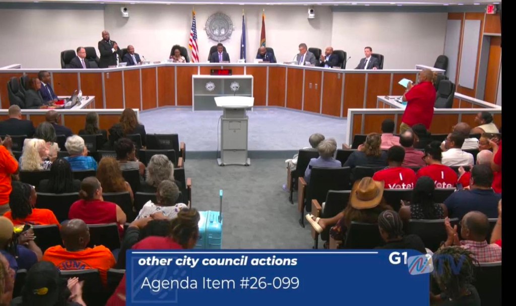 A screenshot from the city council room braodcast immediately after the collective bargaining vote.